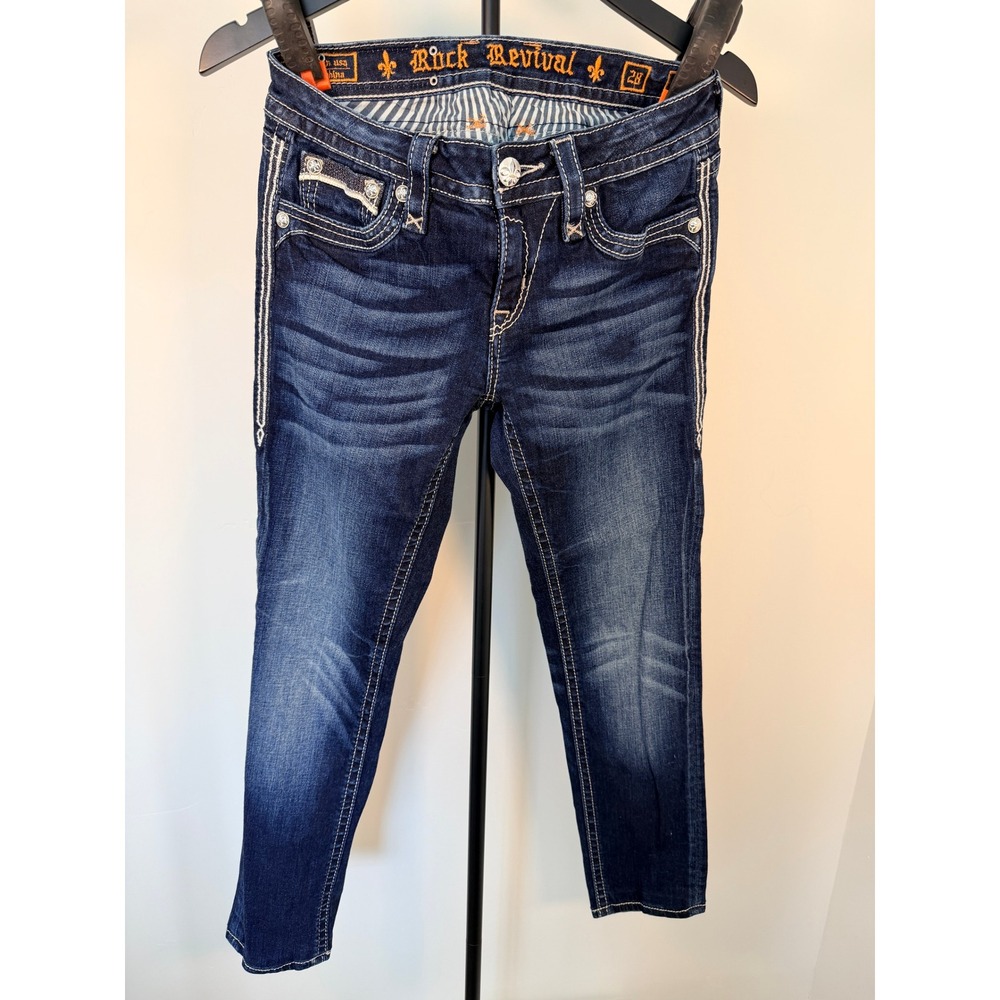 Rock Revival Flo Skinny Jeans Dark Wash Embroidered Flap Pocket Size 28 RJ8397S5